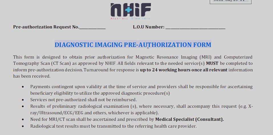 NHIF DIAGNOSTIC IMAGING PRE-AUTHORIZATION FORM
